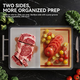 Swshiiel titanium side close-up with a smooth surface for quick meat prep cleanup.