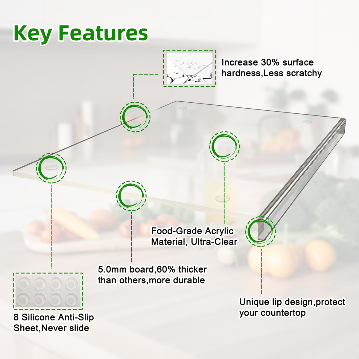 SWSKR acrylic cutting board with clear surface for easy ingredient visibility.