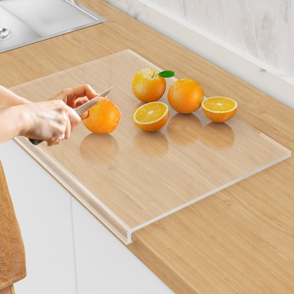 SWSKR acrylic cutting board with counter lip for stable slicing on countertops.