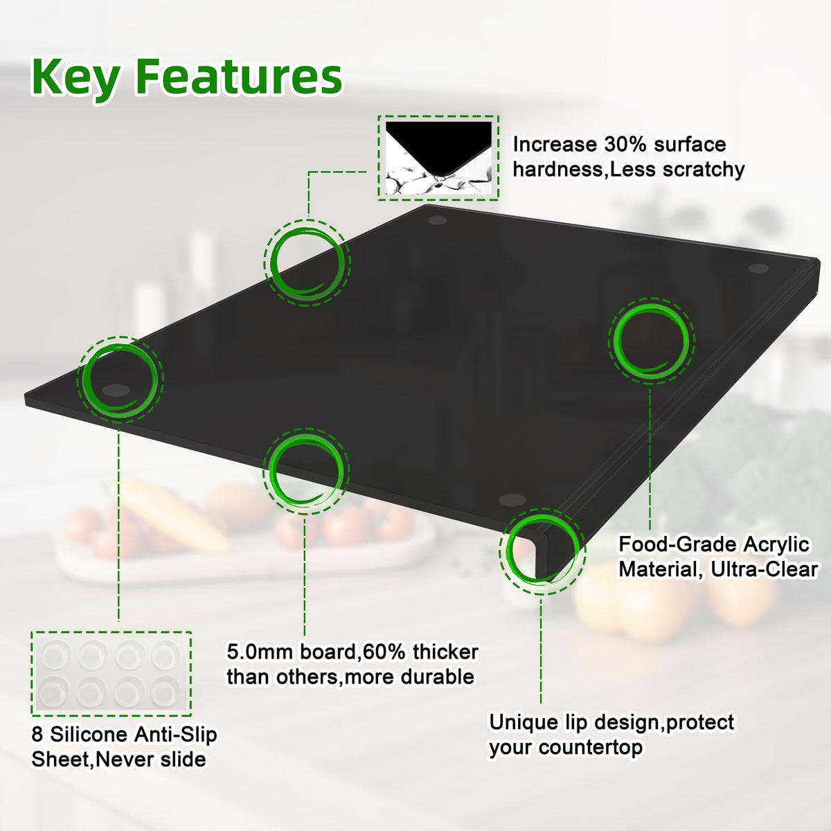 SWSKR acrylic cutting board close-up in virgin material for safe food prep.