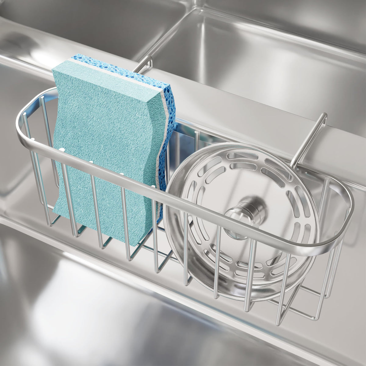 SWTYMIKI sponge holder over-sink front view, durable hanging design.