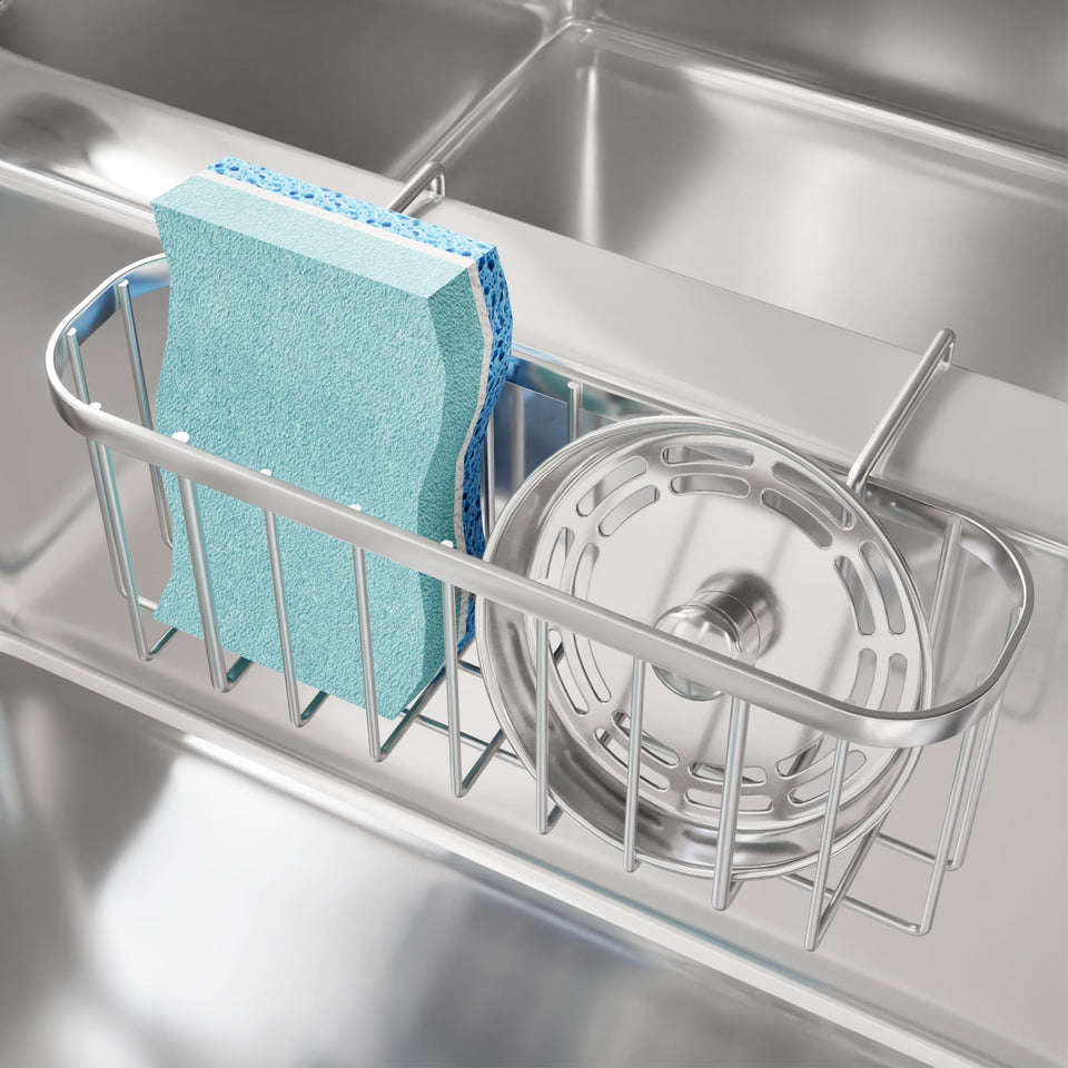 SWTYMIKI sponge holder over-sink front view, durable hanging design.