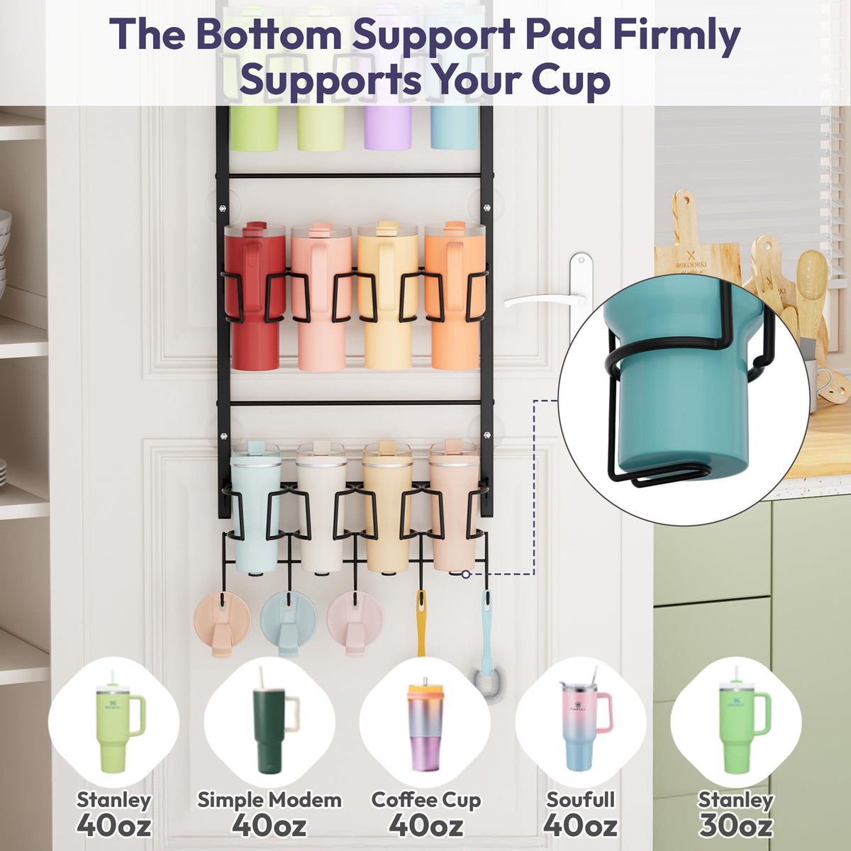 Bottom tray supports 20-40 oz cups with snug fit in SWTYMIKI organizer