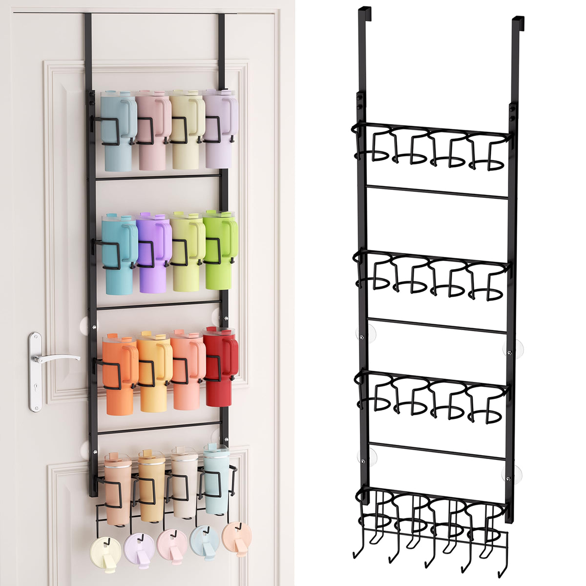SWTYMIKI 4-tier organizer displaying Stanley cups over the door for clutter-free counters