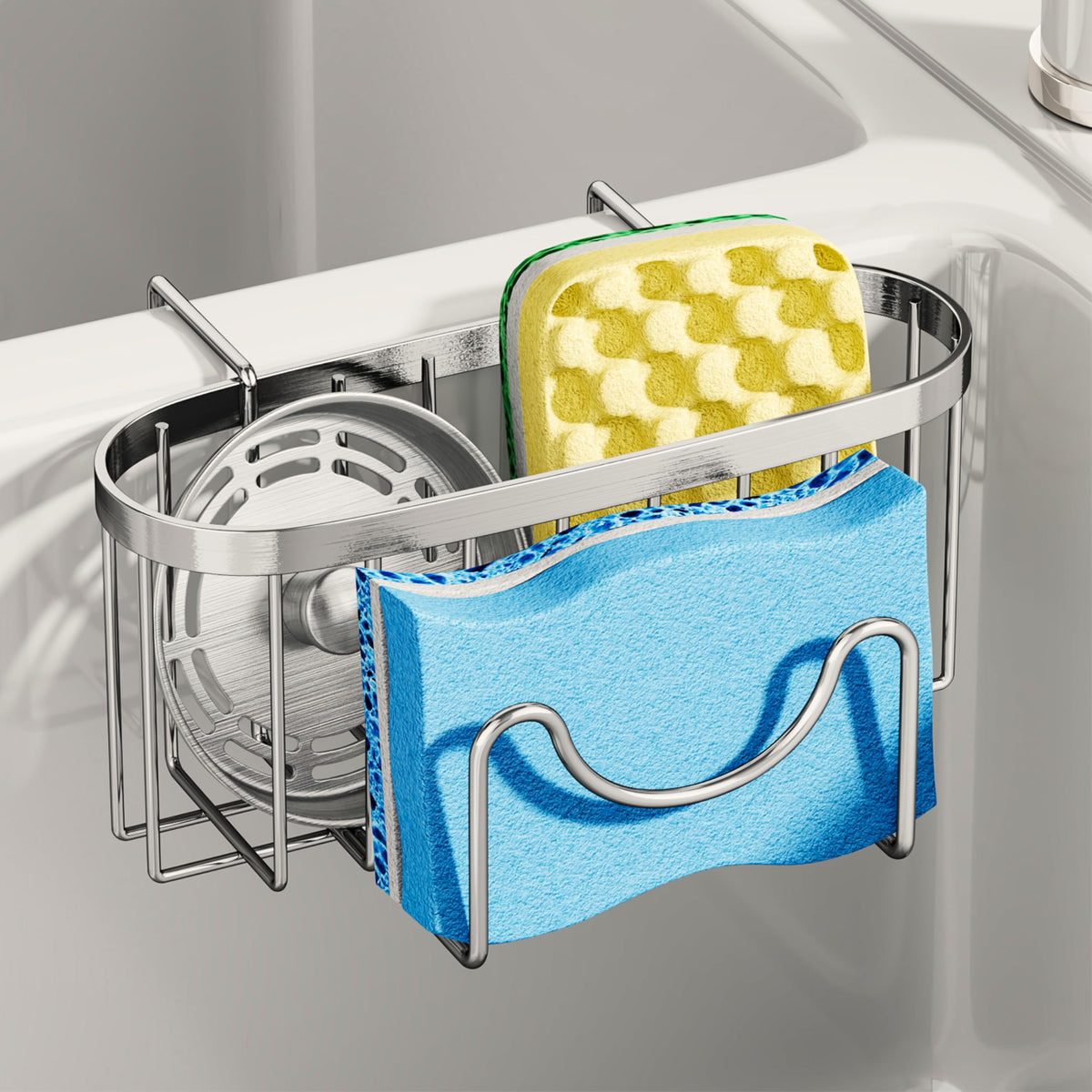 SWTYMIKI sponge holder over divider demonstrates space-saving storage for double sinks