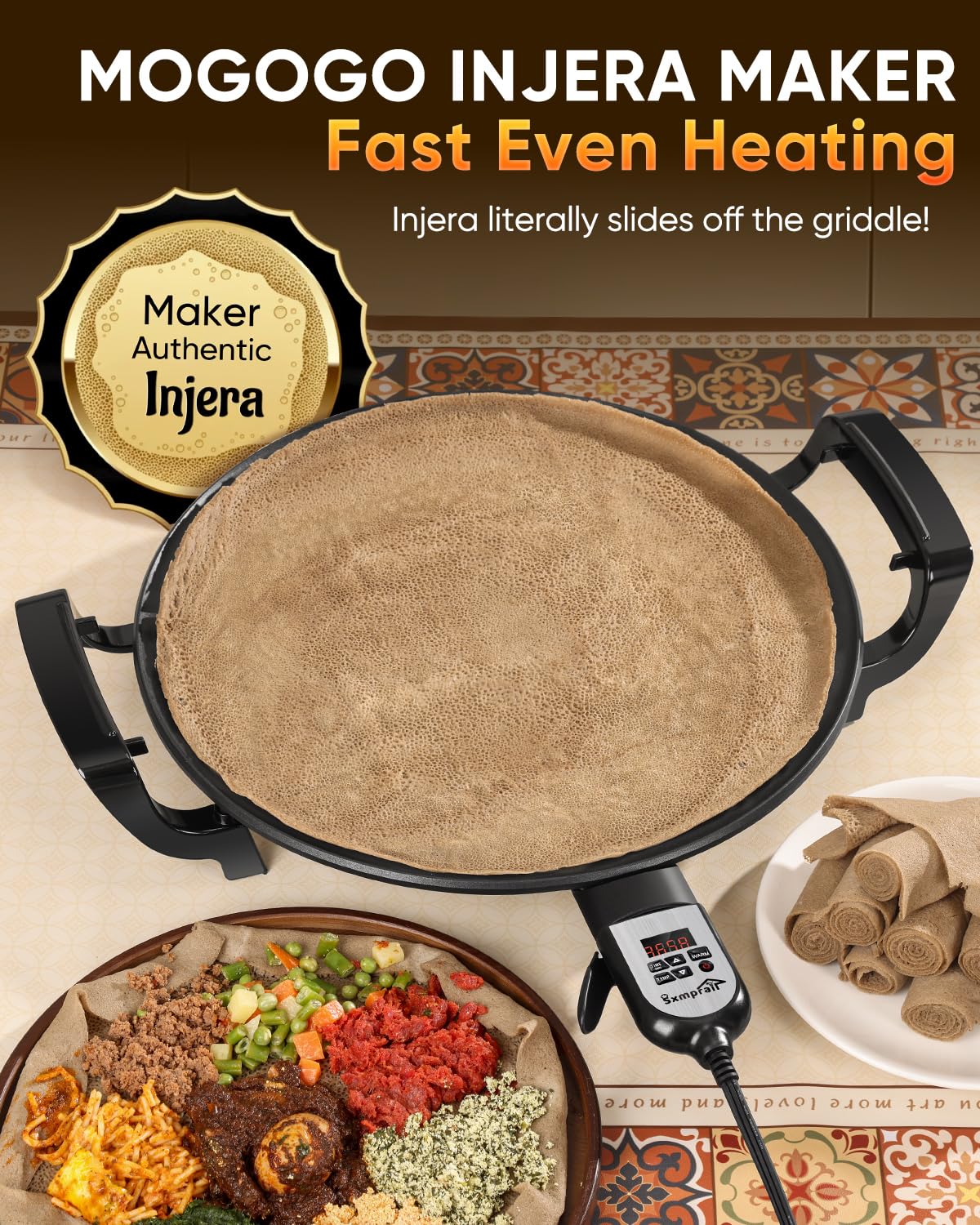 Sxmprail Injera Maker Mitad nonstick surface releases delicate breads with minimal oil.