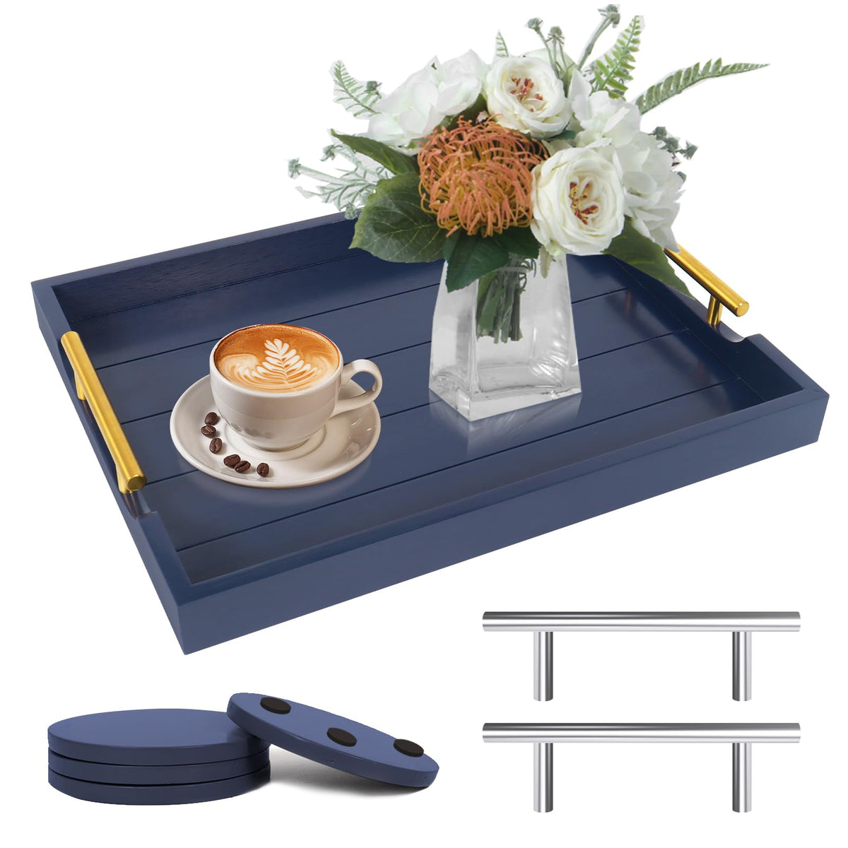 SXNOWS coffee table tray with blue handles for easy serving