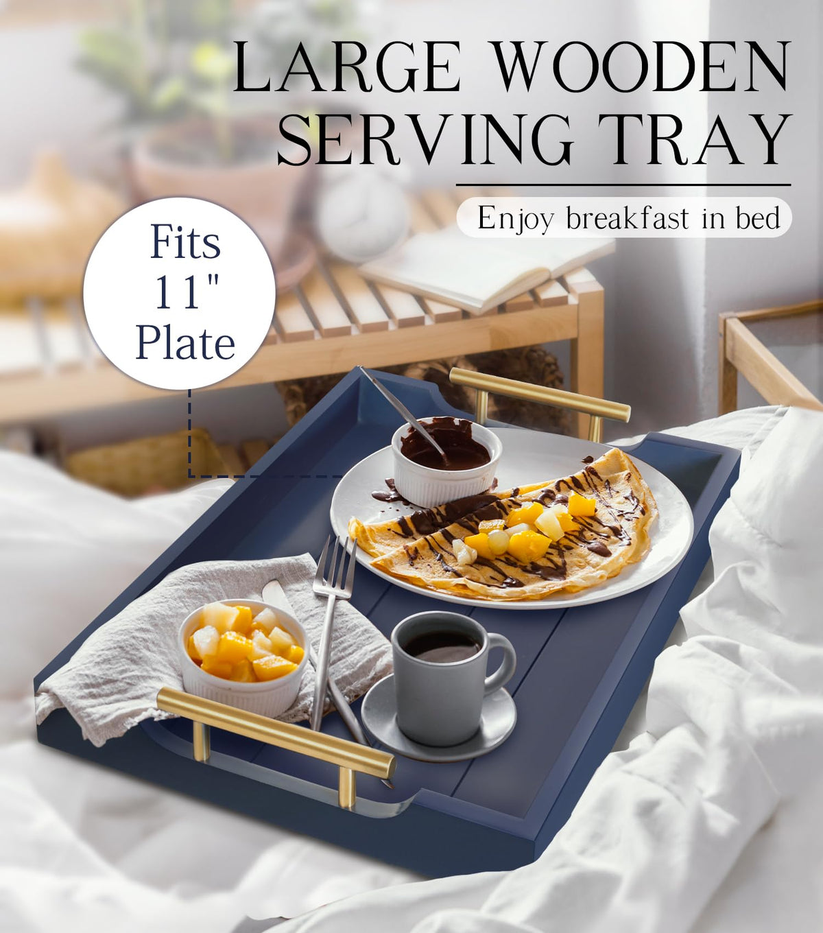 SXNOWS wooden serving tray showing two sets of handles for versatility