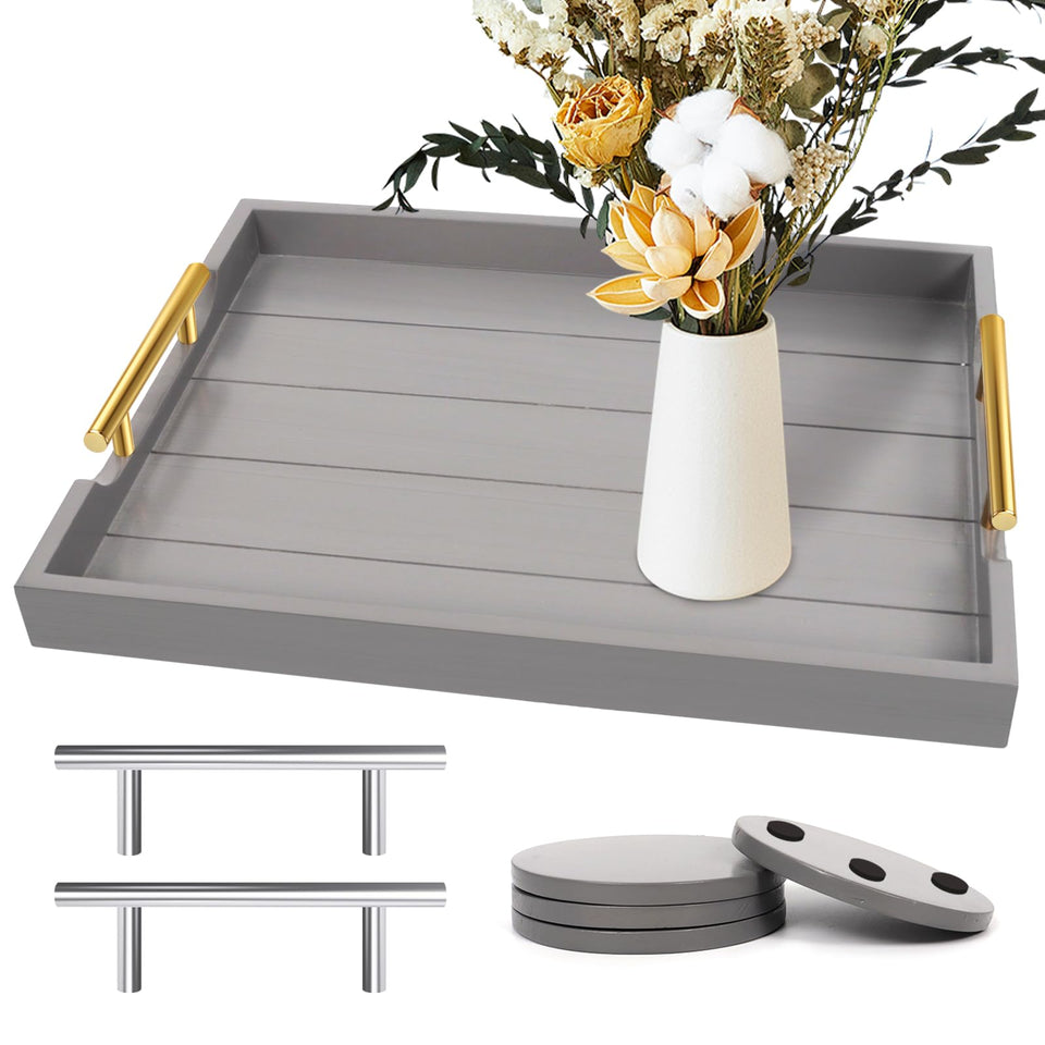 SXNOWS wooden serving tray with gray handles for stylish serving and display