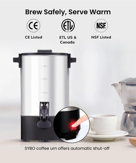 SYBO 6L coffee urn in busy event kitchen.