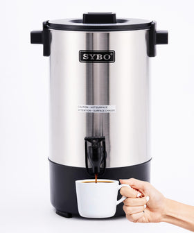 SYBO 6L coffee urn front view, durable stainless steel for events.