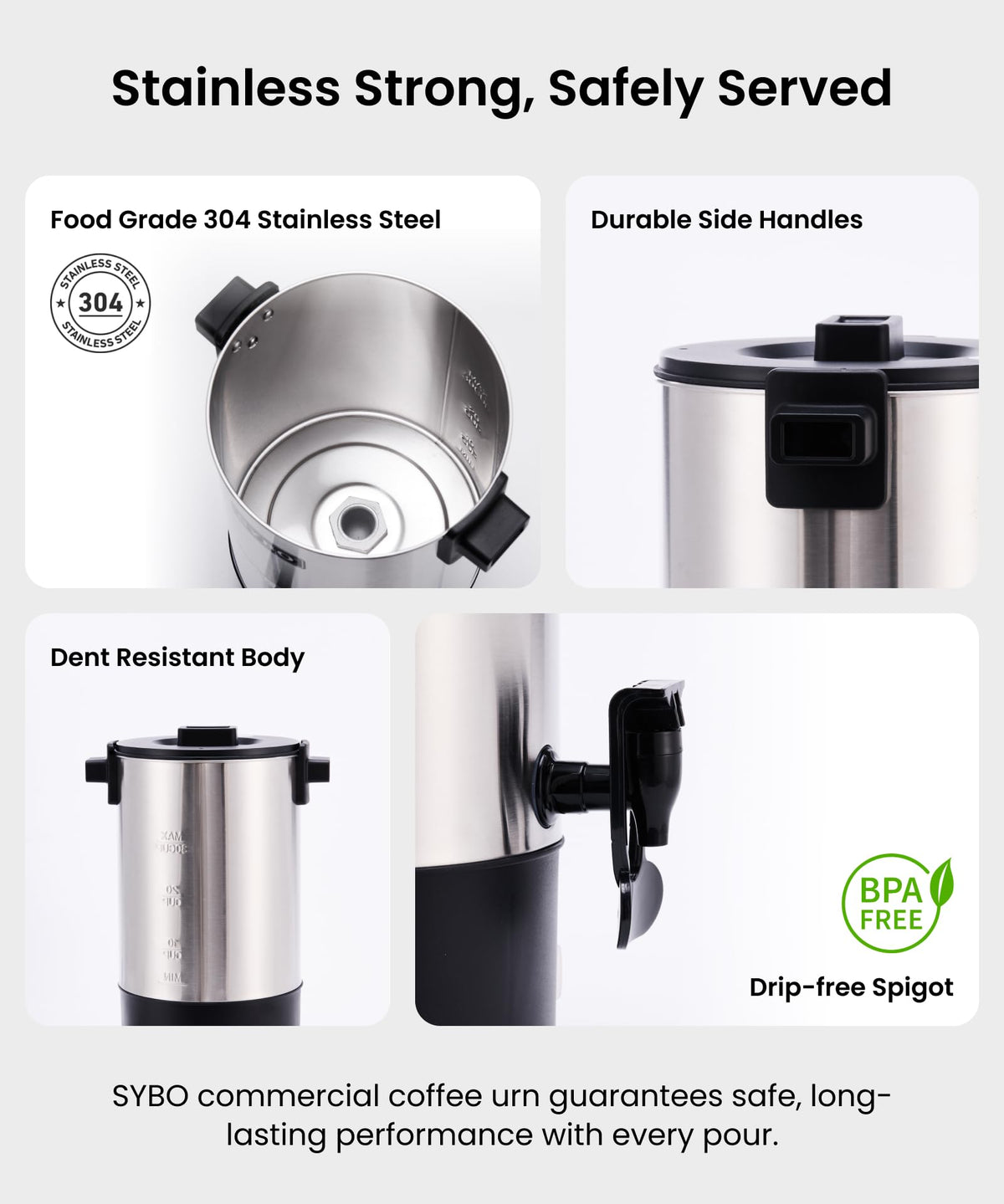 SYBO 6L coffee urn spigot closeup, drip-free dispensing and safety.