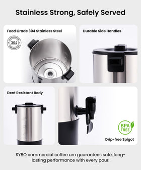 SYBO 6L coffee urn spigot closeup, drip-free dispensing and safety.