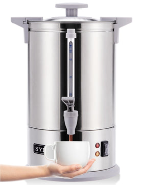 SYBO percolate coffee maker front view showing durable stainless steel for high-volume service