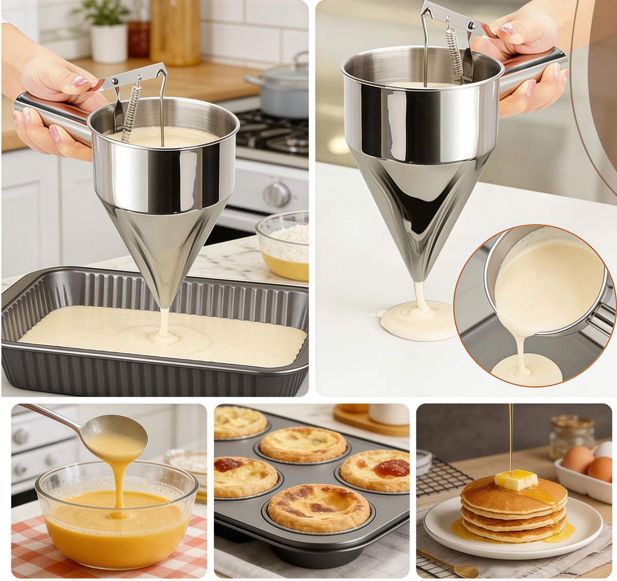 Sykexonm multi-use-batter-dispenser consolidates kitchen tools into one convenient device.