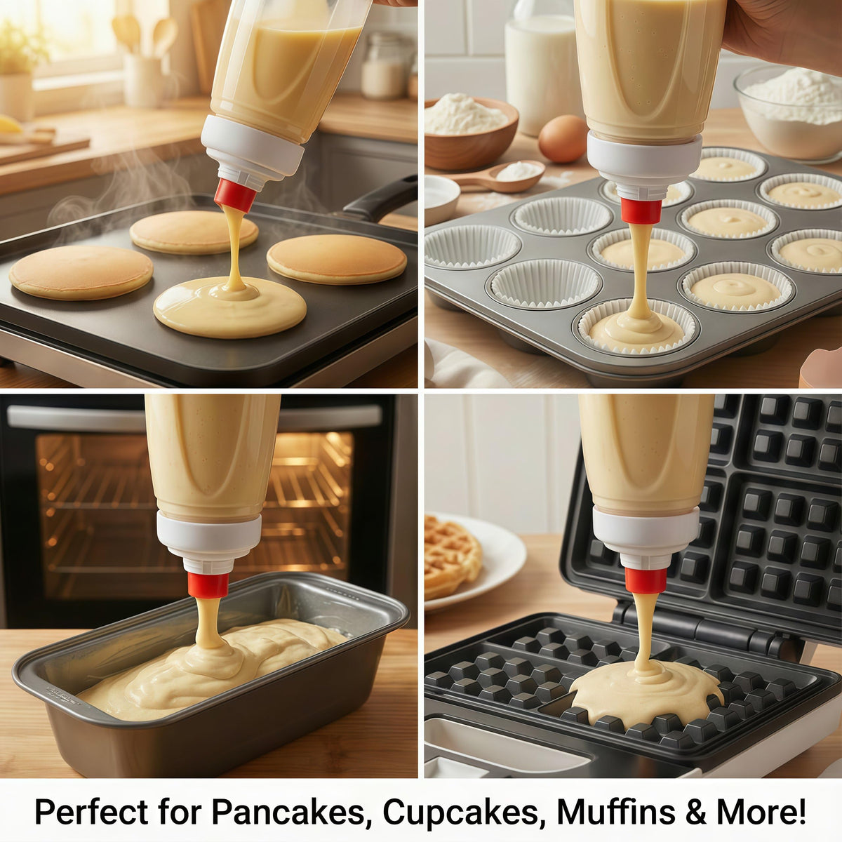 sykexonm pancake batter dispenser bottle featuring ergonomic grip for comfortable squeezing