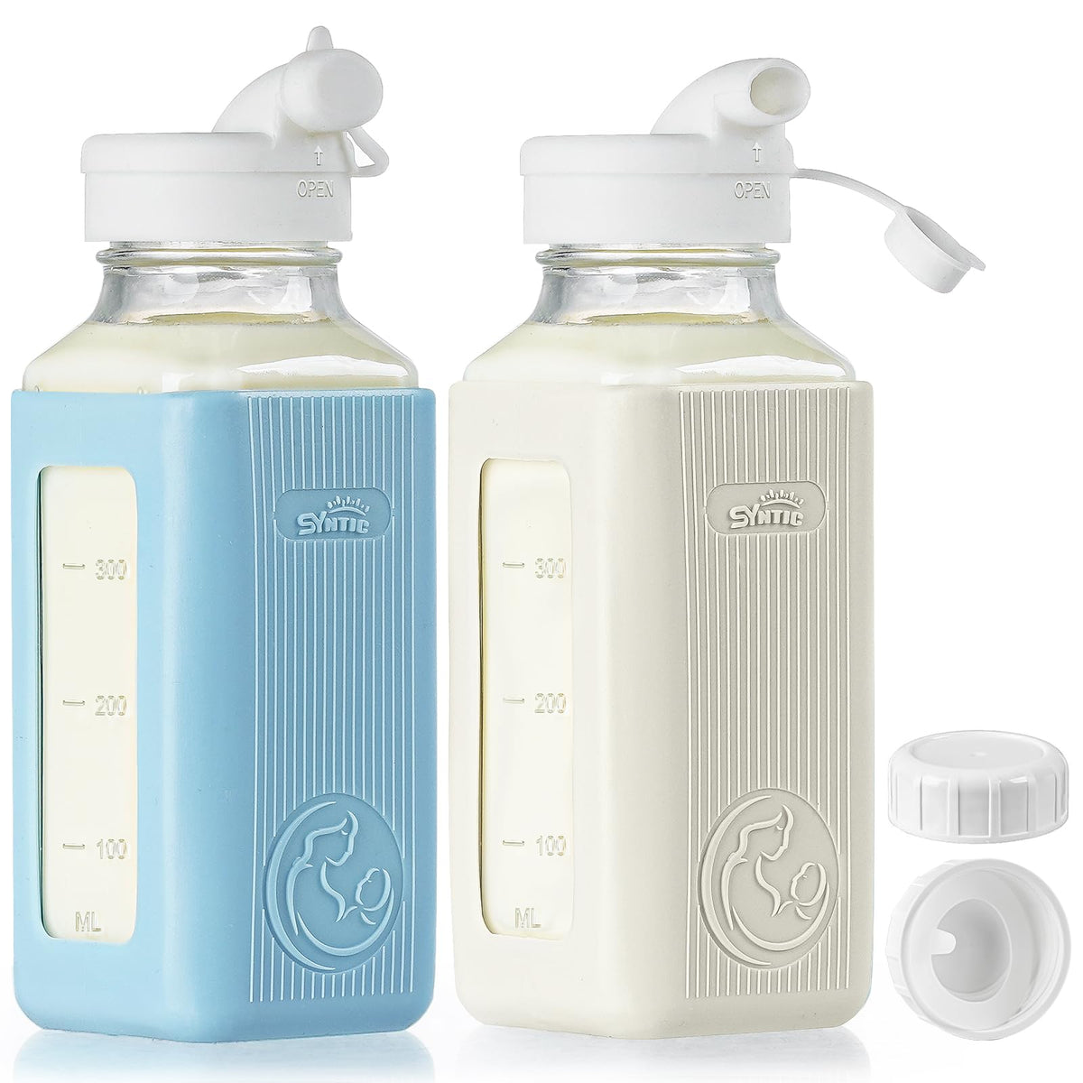 Syntic 2-pack 16 oz glass breastmilk bottles for organized fridge storage.