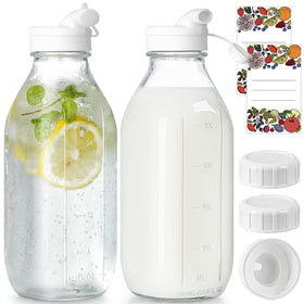Syntic 2-pack glass milk bottle with dispenser caps for clean, controlled pouring.