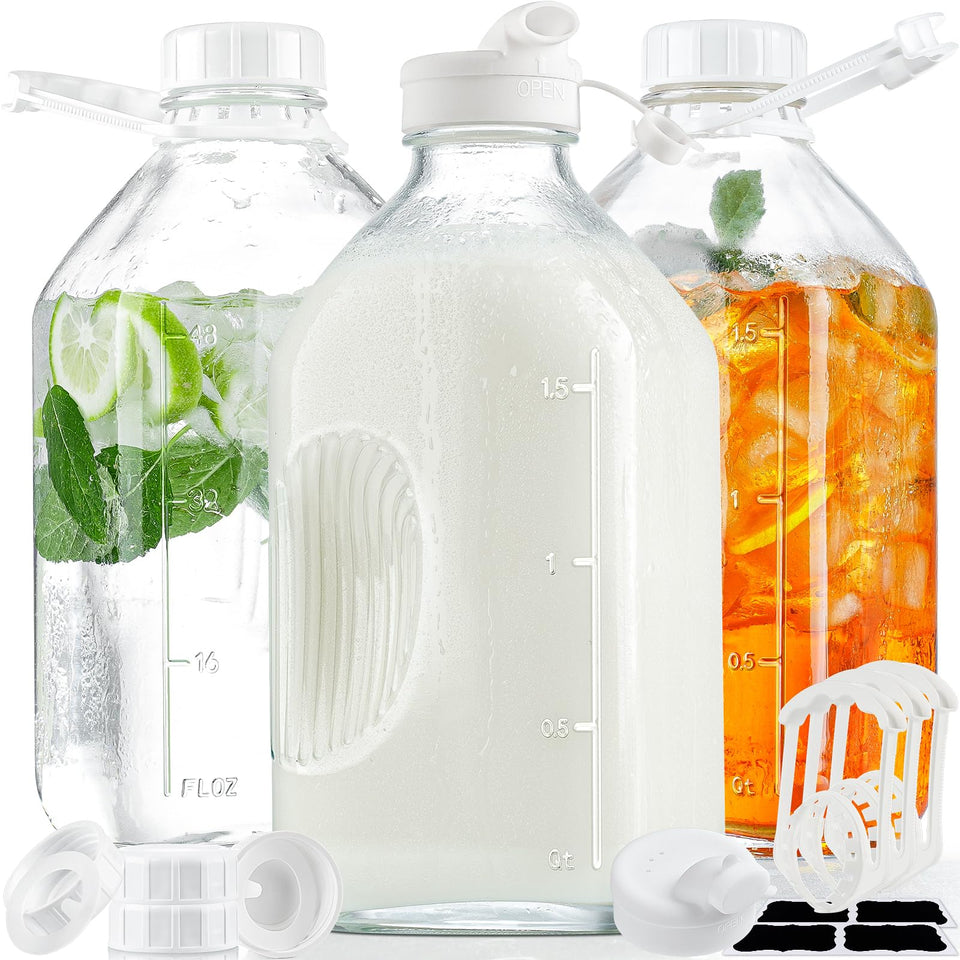 Syntic 3-pack glass water bottles with handle for easy pouring and storage