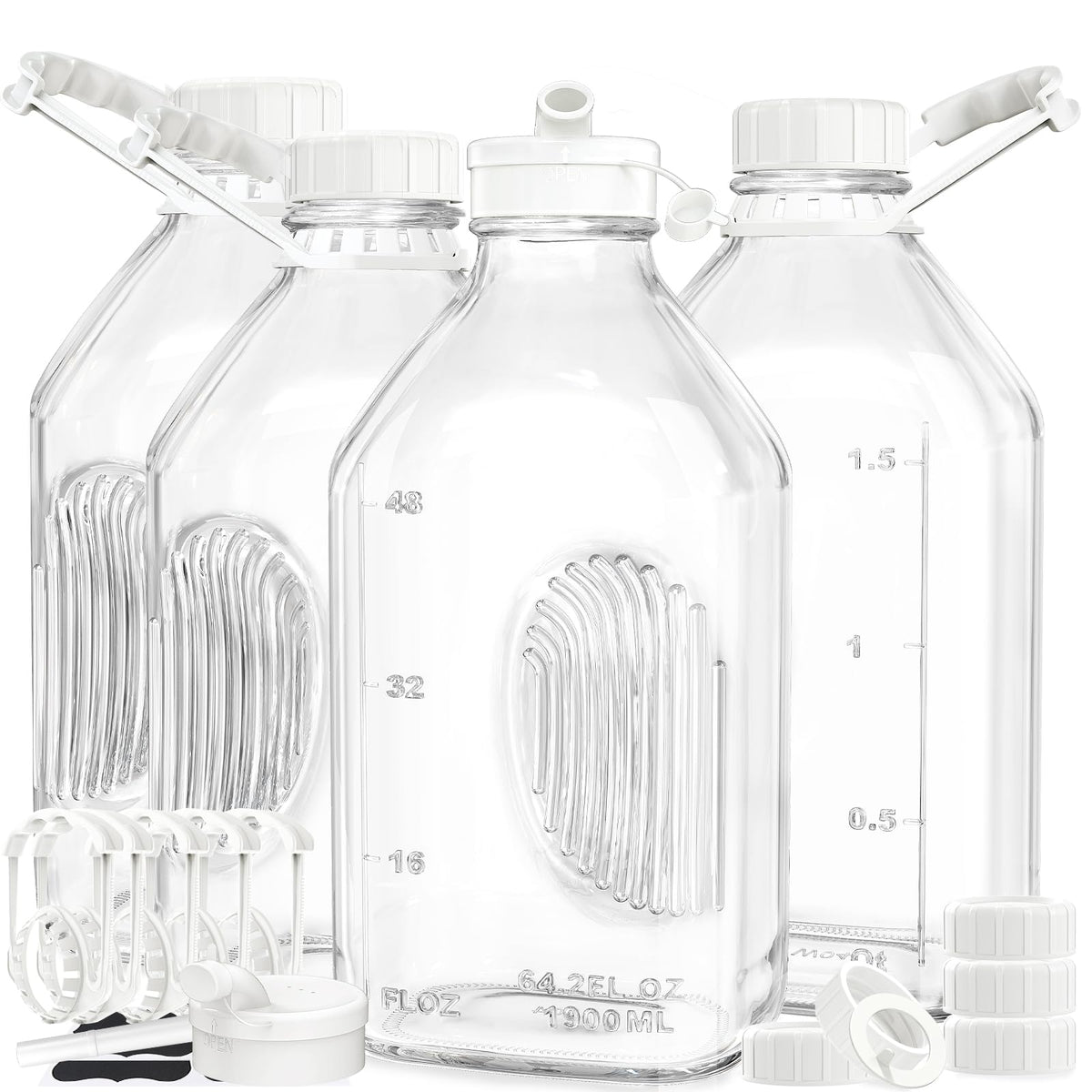 Syntic 4-pack glass milk bottles with handles for easy pouring and long-lasting reuse.