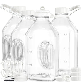 Syntic 4-pack glass milk bottles with handles for easy pouring and long-lasting reuse.