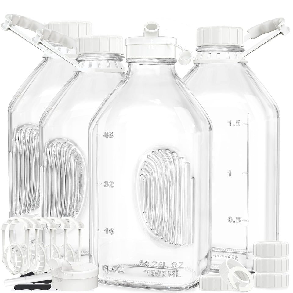 Syntic 4-pack glass milk bottles with handles for easy pouring and long-lasting reuse.