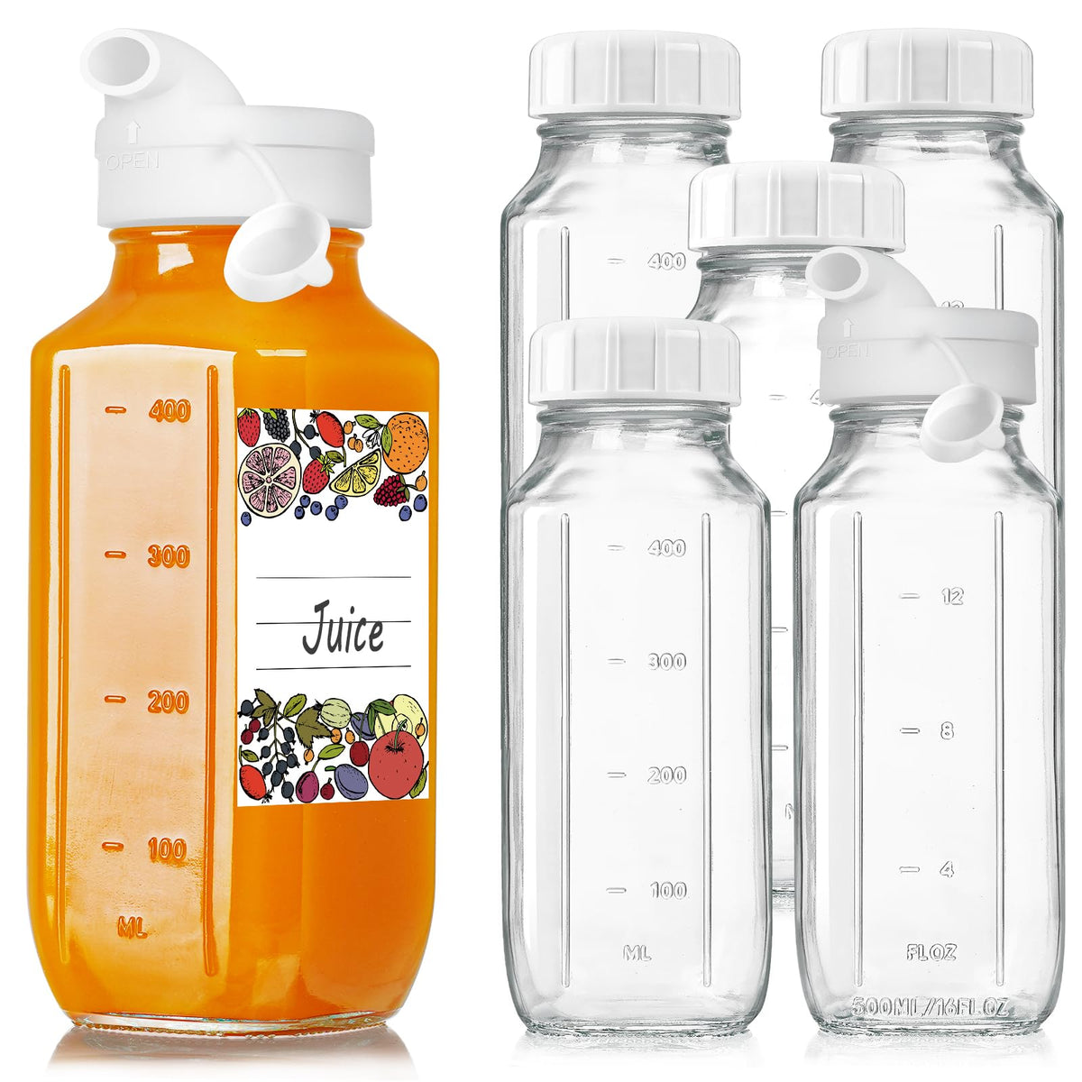 Syntic 6-pack 16oz glass bottles with pour spouts for mess-free beverages on the go.