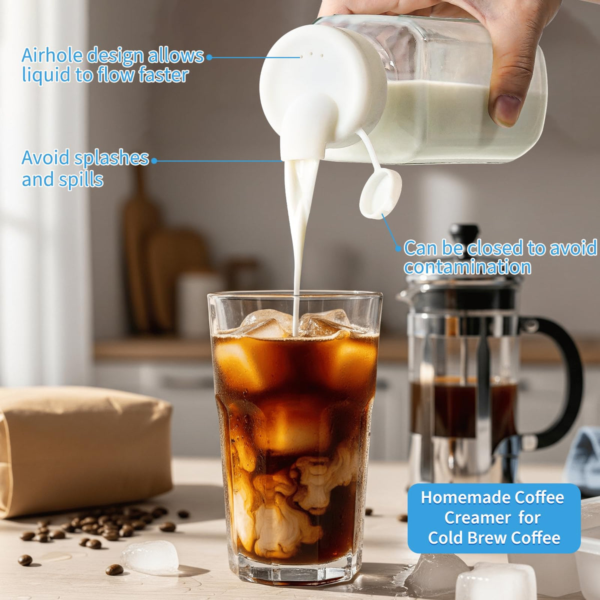 Syntic patented silicone pour spout provides smooth, spill-free pouring.