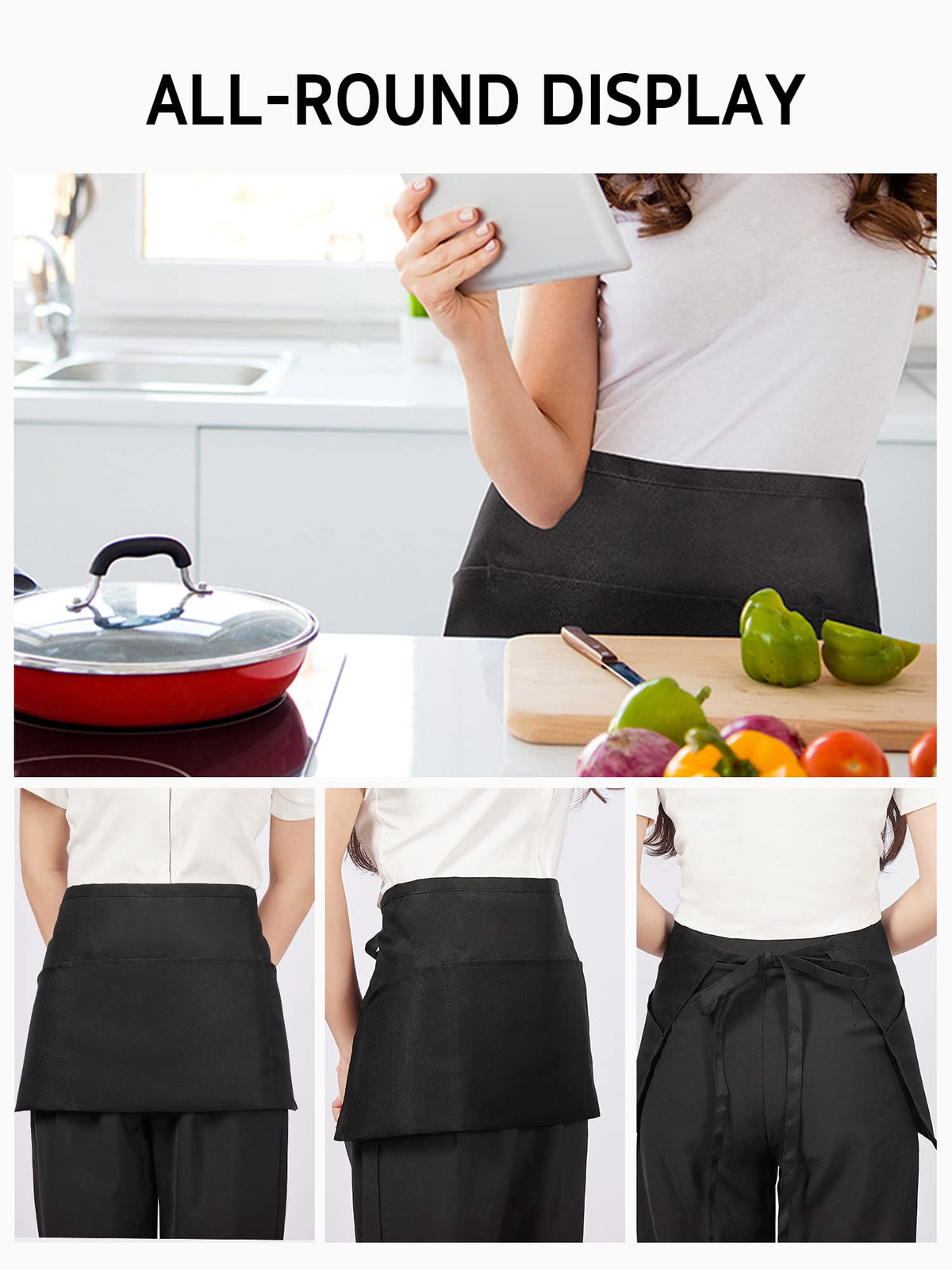 Syntus 3-pack black waist aprons packaged for easy restocking.