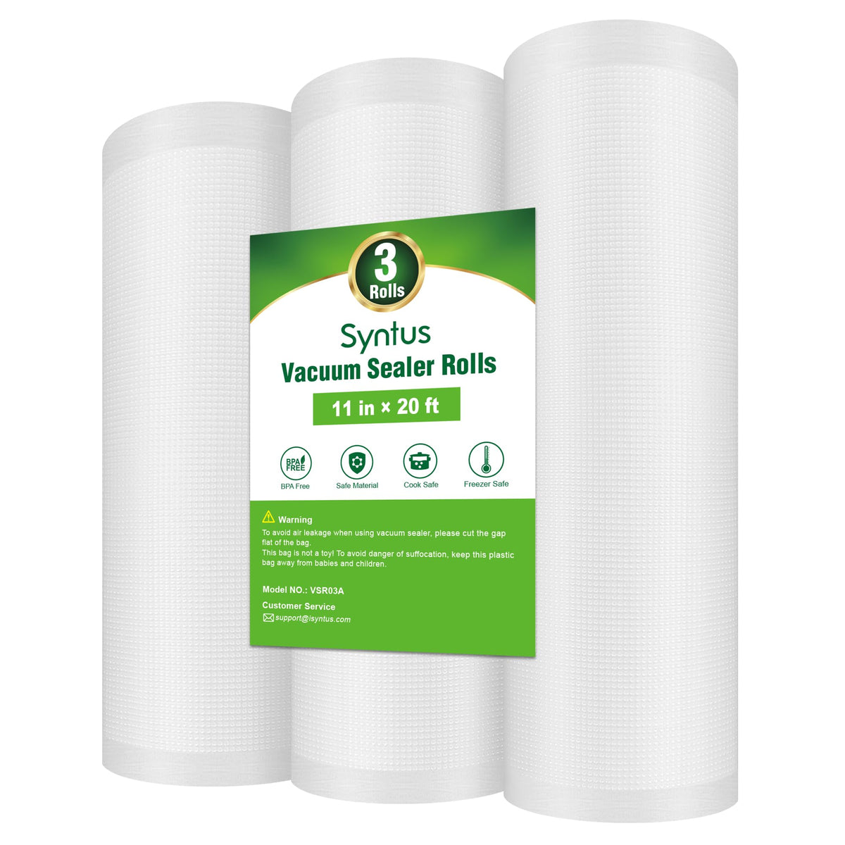 Syntus vacuum sealer bags with puncture prevention feature for longer freshness.