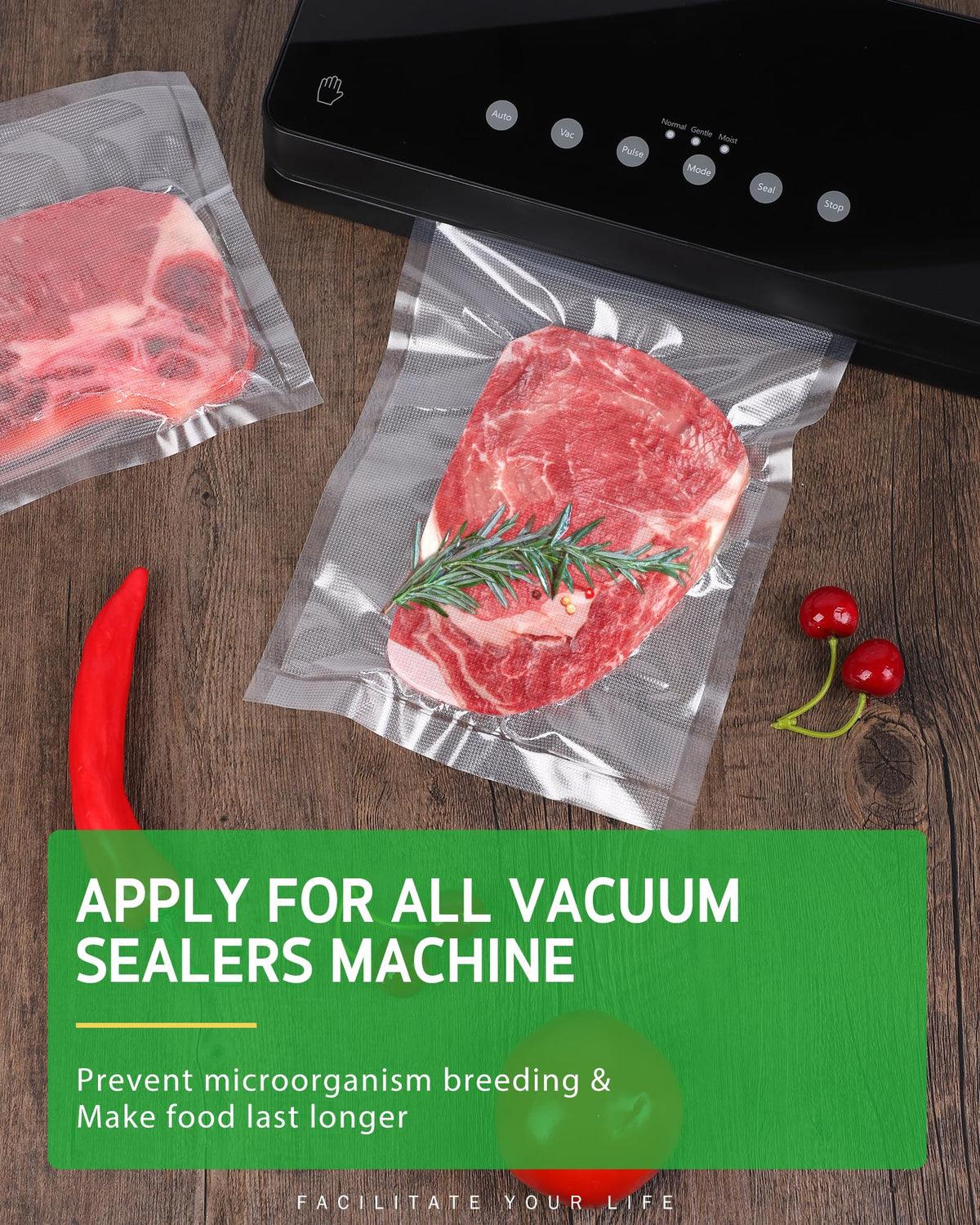 Syntus bags suit vegetables, seafood, and meats for organized freezer storage.