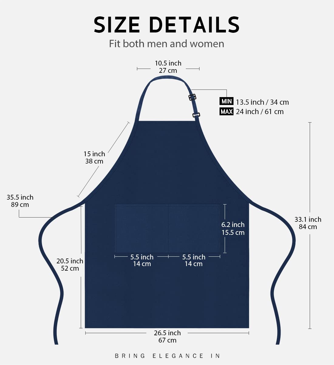 Syntus bib apron adjustable neck strap for a customized fit.