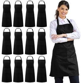 Syntus black bib apron with front pockets for easy utensil access.