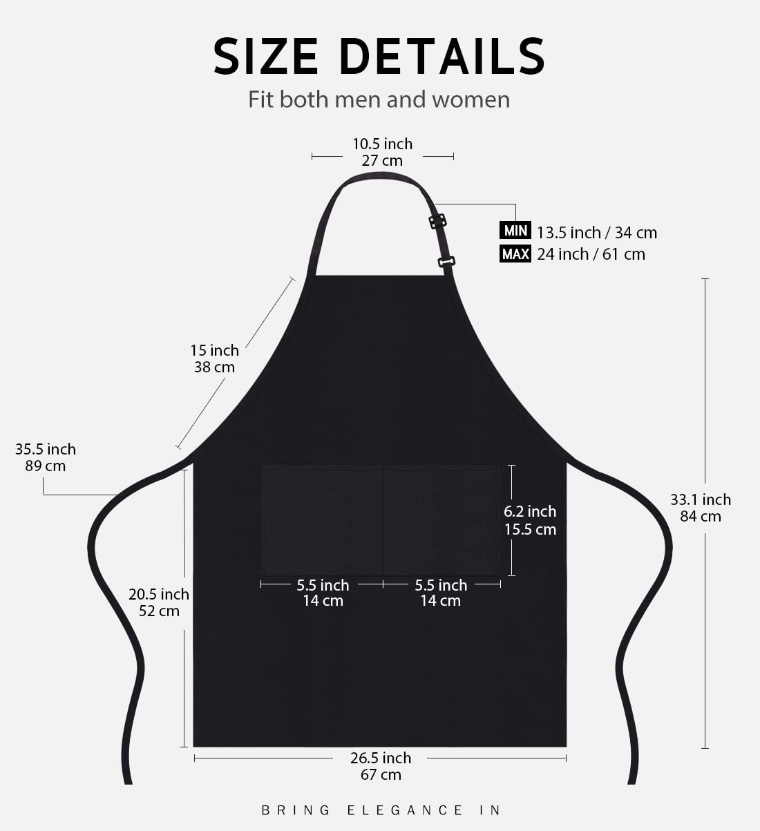 Syntus black bib apron showing adjustable shoulder straps for a comfortable fit.