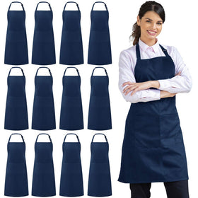 Syntus bib apron navy blue front view with two pockets for utensils.