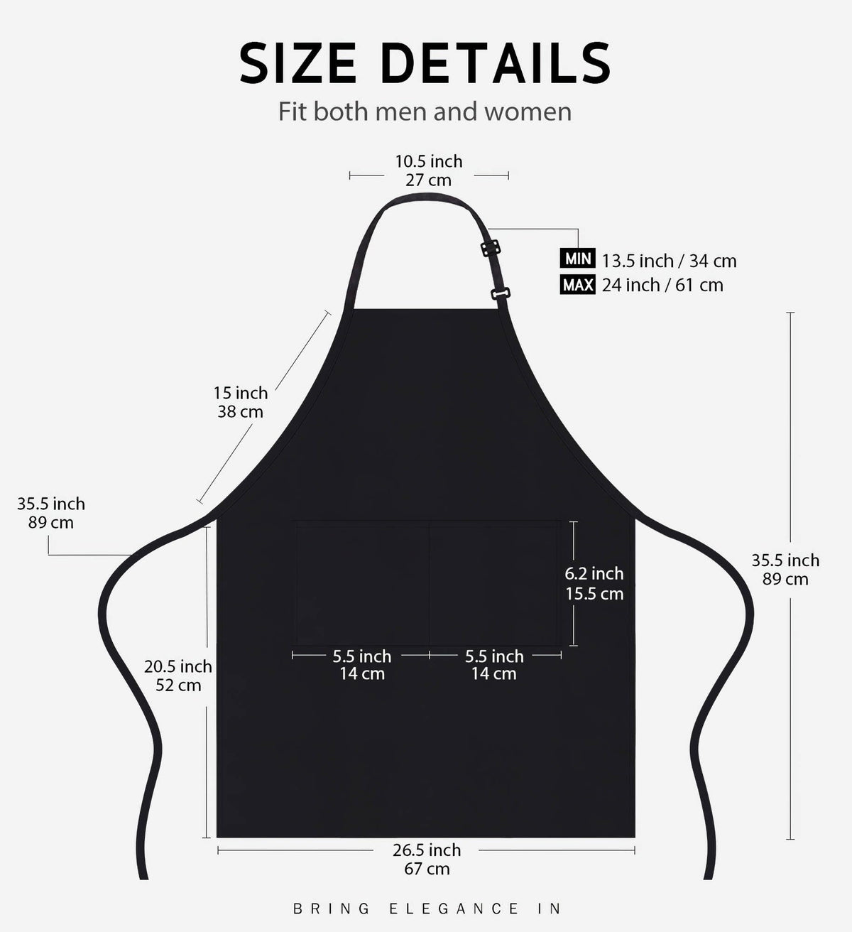 Syntus bib apron showing two large pockets for tools and recipe cards.