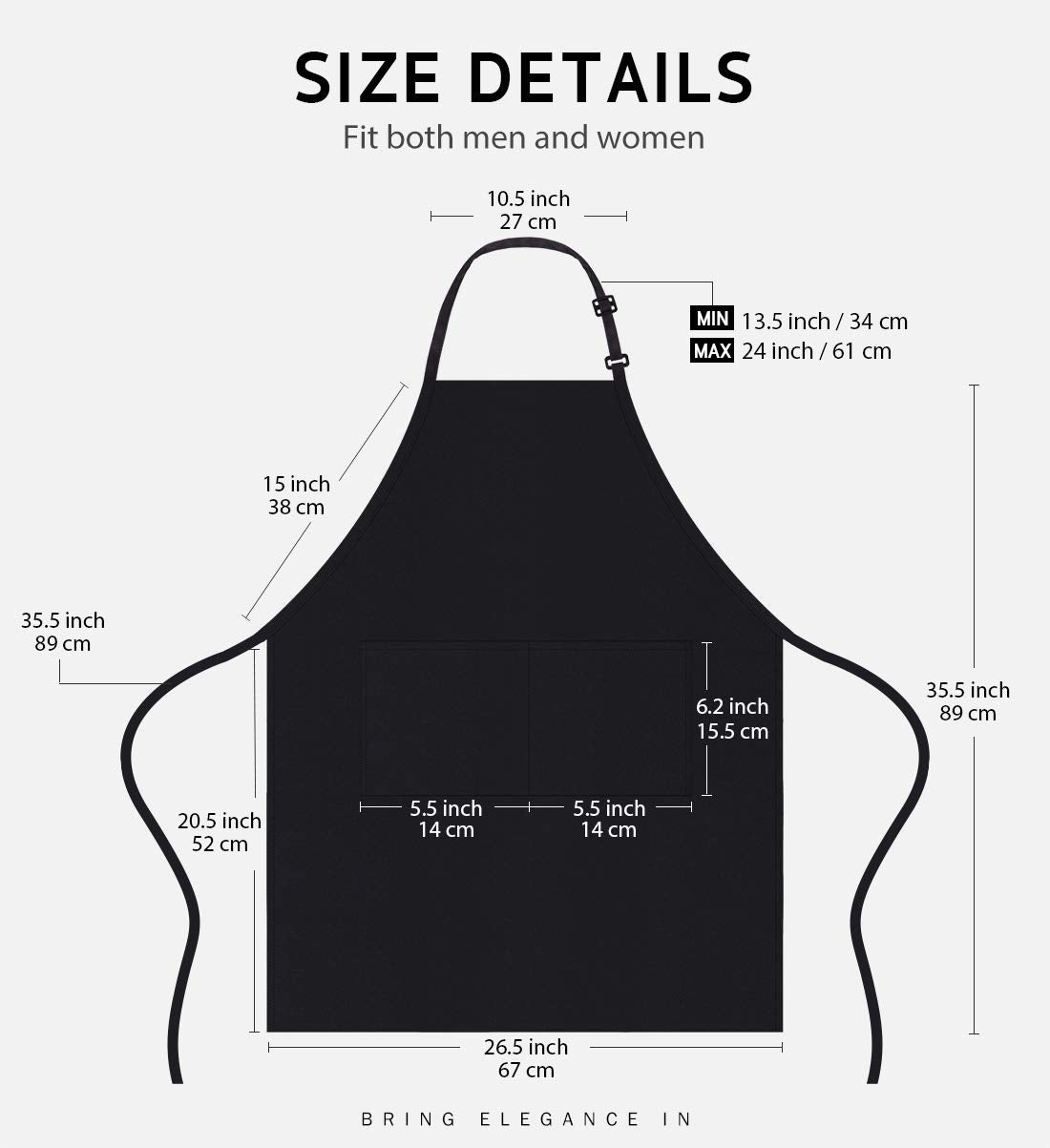 Syntus chef apron with adjustable shoulder strap for a flexible, comfortable fit.