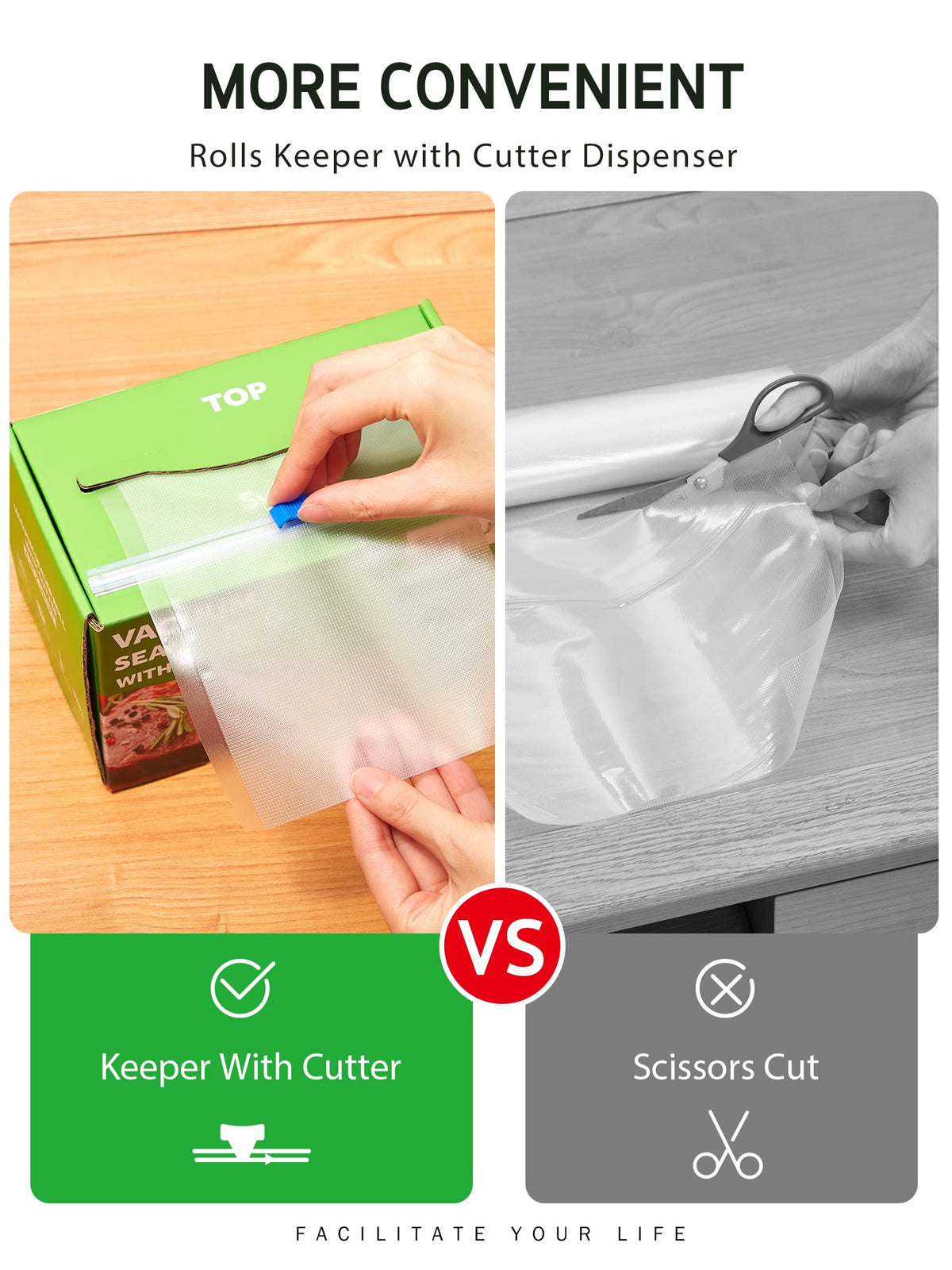 Syntus cutter-dispenser on box enables straight, fast bag cuts.