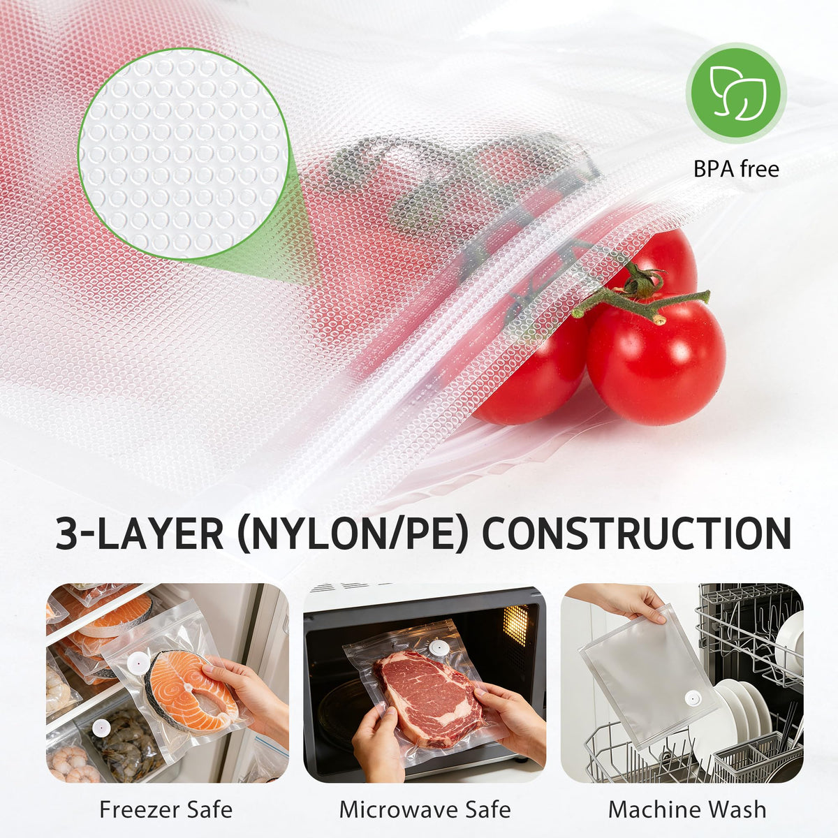 Microwave, refrigerator, freezer, and sous vide friendly construction with durable BPA-free material.