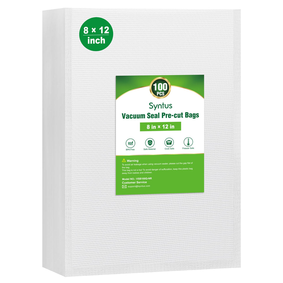 Syntus precuts 8x12 vacuum bags for quick meal prep and fresh storage.