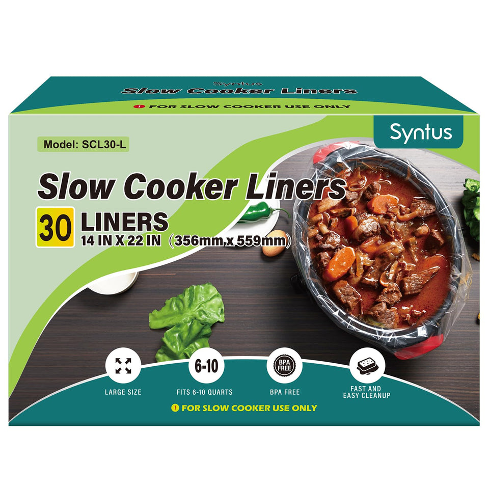 Syntus slow cooker liner 14x22 fits 6–10 qt pots for easy cleanup.
