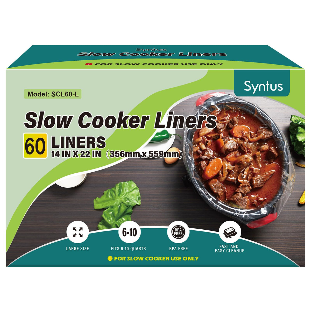 Syntus slow cooker liner 60-count box keeps the pot clean during meals.
