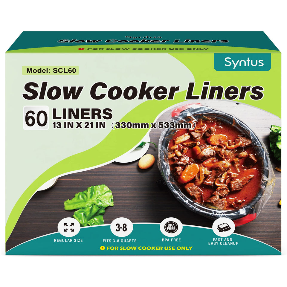 Syntus slow cooker liners packaging ready for quick cleanup after cooking