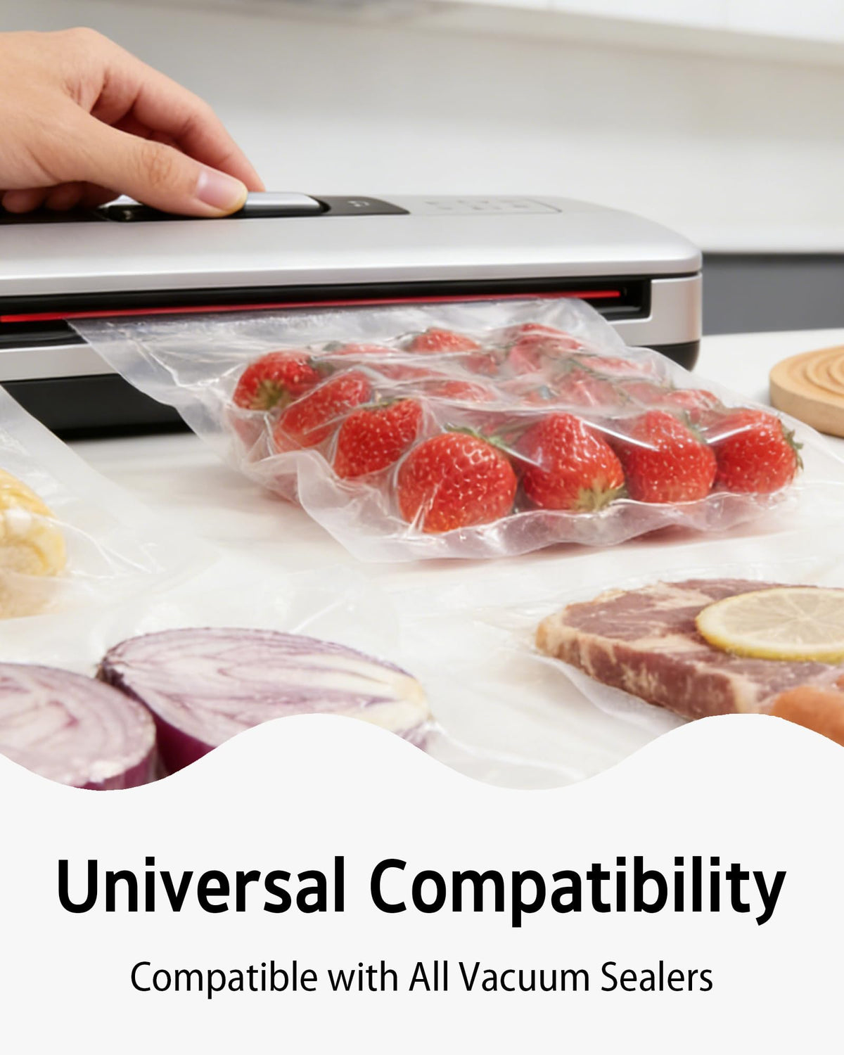 Syntus vacuum bags used for fridge/freezer storage to extend freshness.