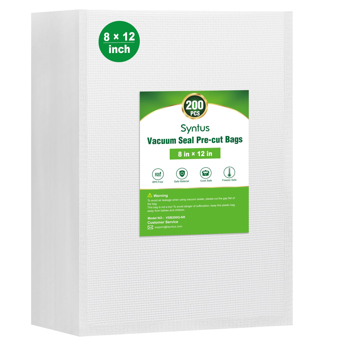 Syntus vacuum sealer bags 200-count in 8x12 size for easy meal prep and storage