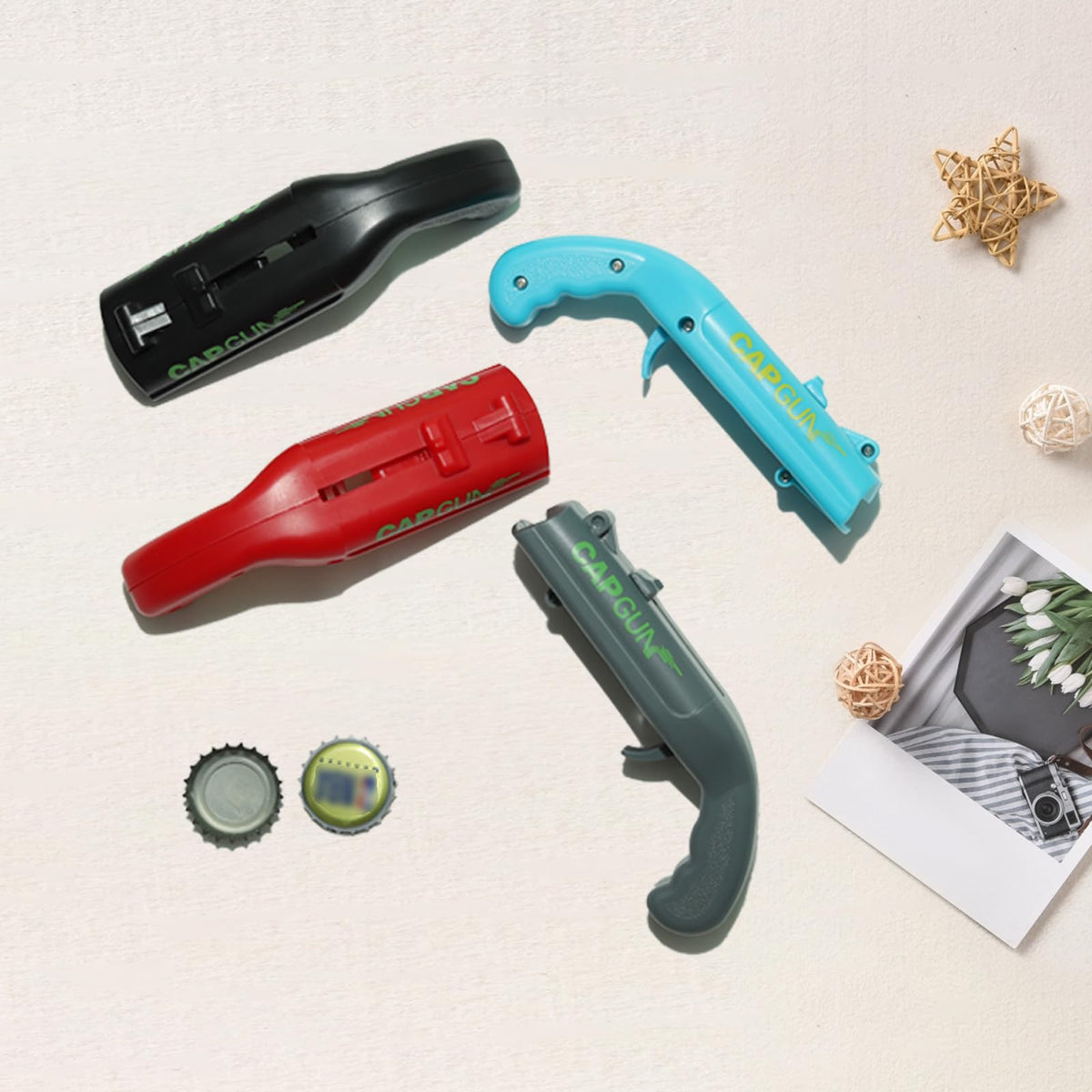 Syohoxi cap gun bottle opener gray suits casual gatherings.