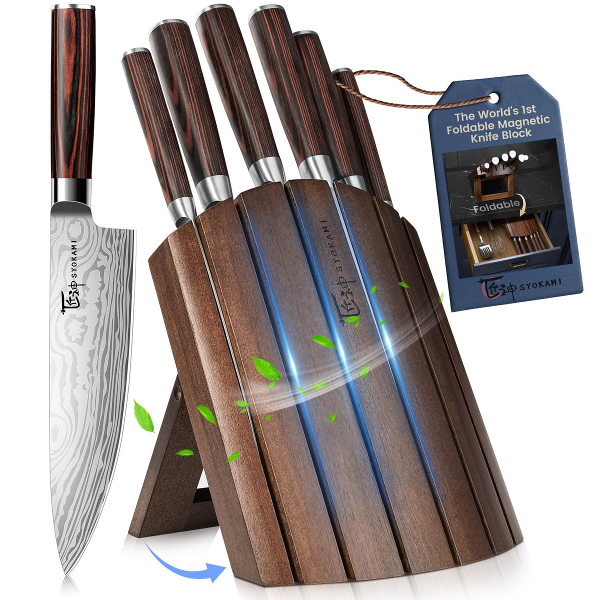 SYOKAMI 2026 upgrade knife set with foldable acacia block for safe counter storage