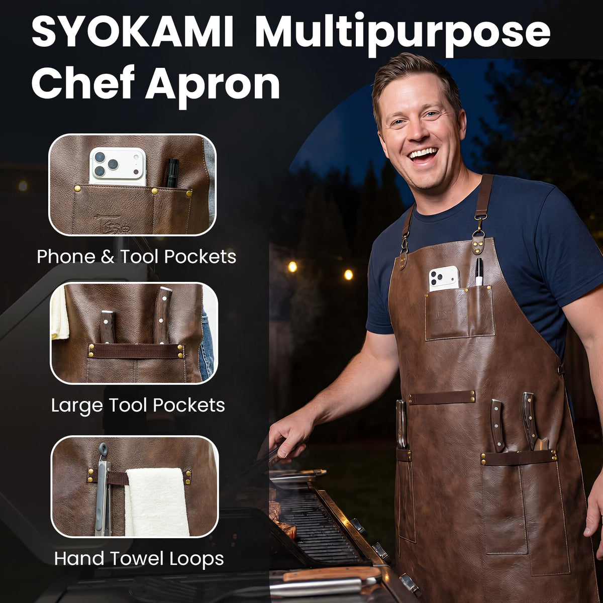 SYOKAMI apron with multiple pockets and copper rivets for tool storage
