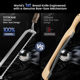 SYOKAMI bread knife blade close-up highlighting 420J2 steel sharpness