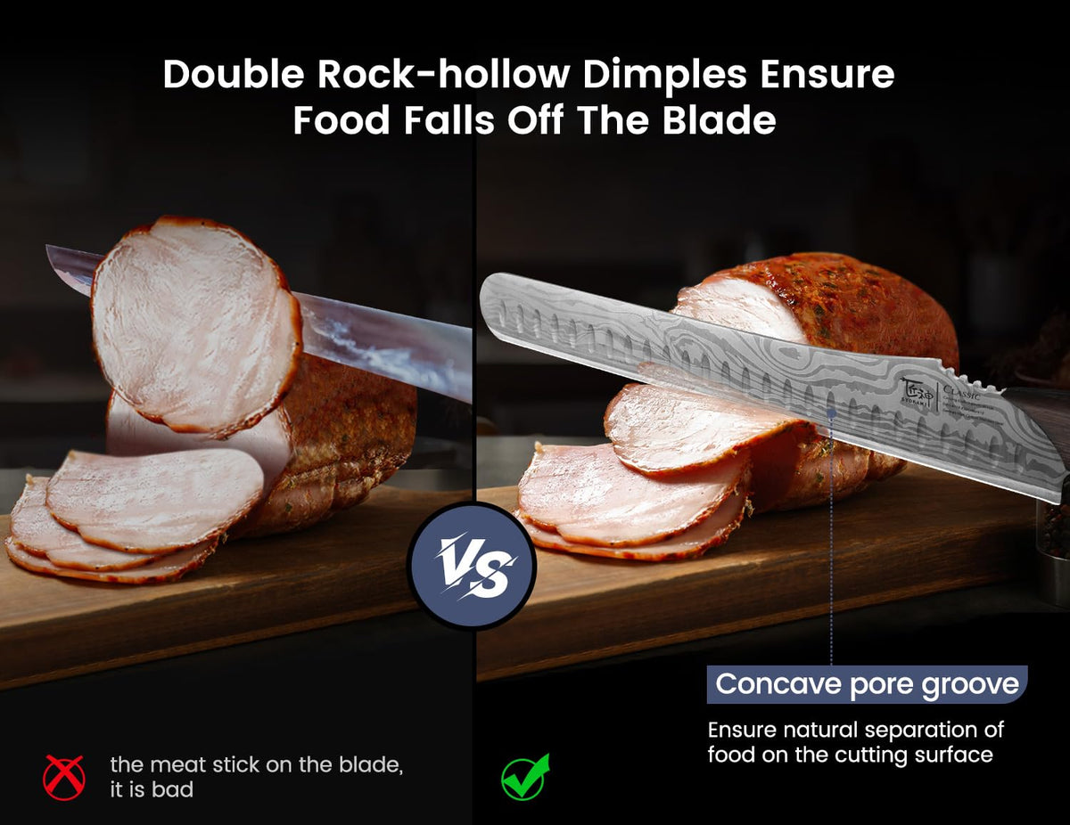 SYOKAMI brisket knife wood handle emphasizing ergonomic grip and comfort.
